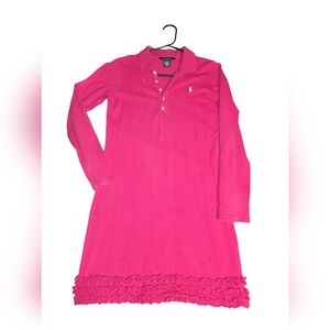 RALPH LAUREN POLO Hot Pink Long Sleeve Stretch Mesh Mini Polo Dress Ruffled Hem